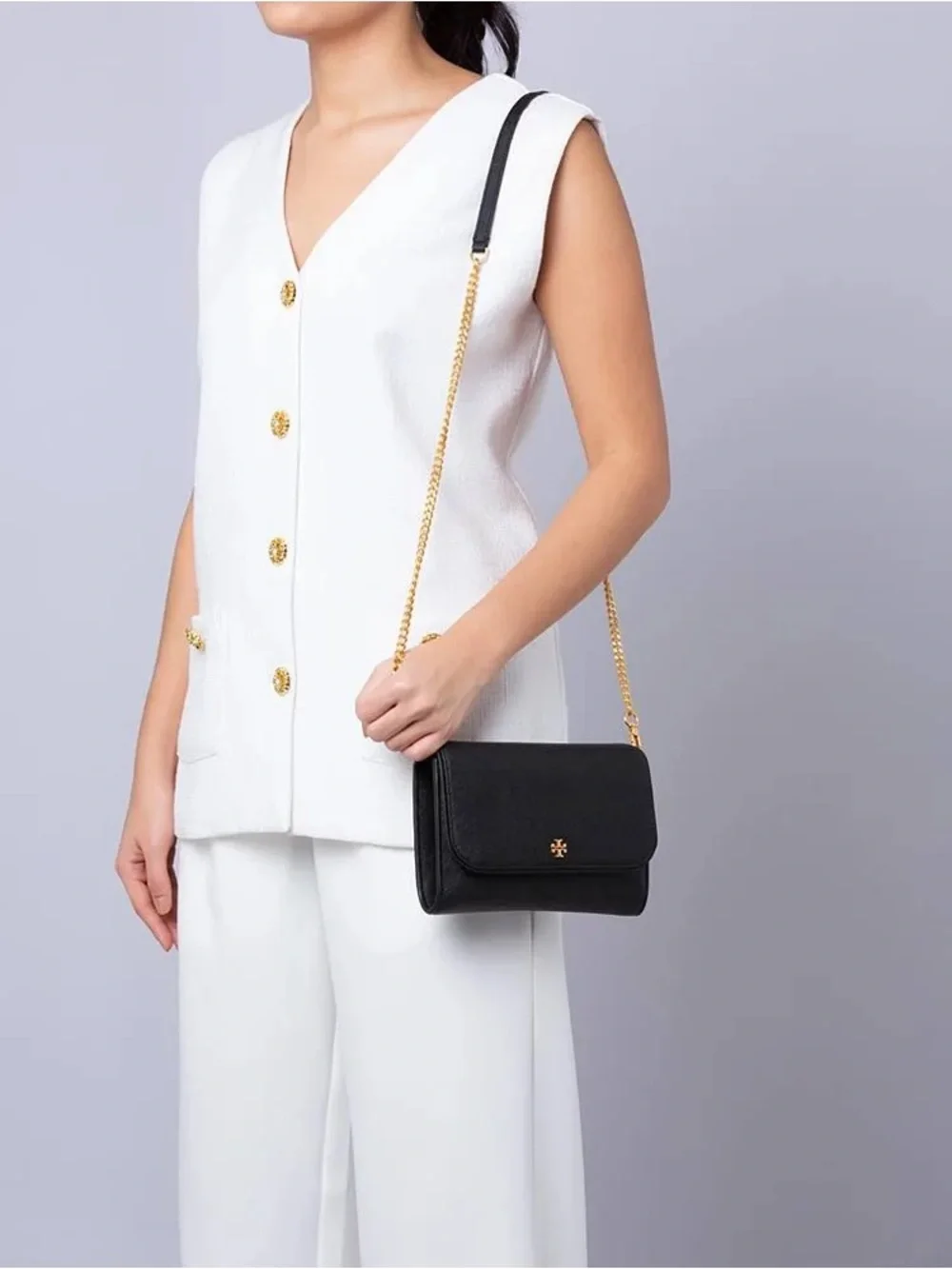 Tory Burch Emerson Chain Wallet Crossbody Black Saffiano Leather